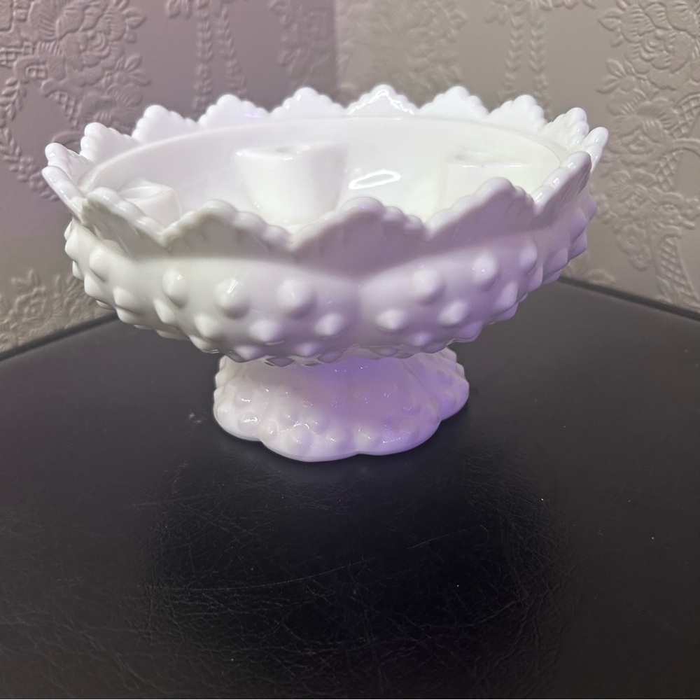 Vintage Fenton Footed HOBNAIL WHITE MILK GLASS 6 Candle Holder Bowl Centerpiece - Picture 3 of 8